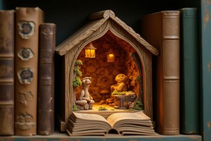 Diorama miniature décoratif pour bibliothèque en bois