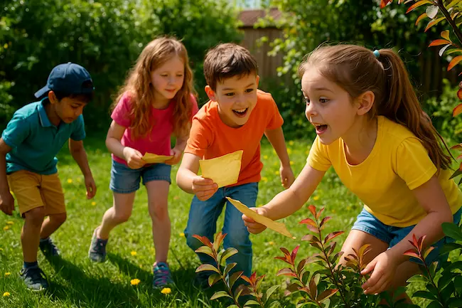 des enfants faisant une chasse au trésor dans un jardin
