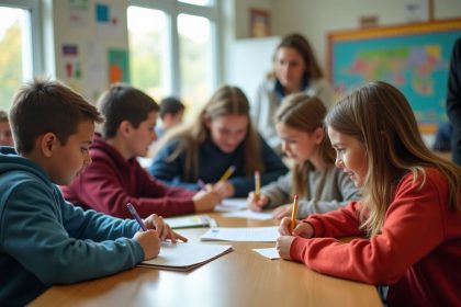 Enfant étudiant dans une classe de collège privé avec un enseignant