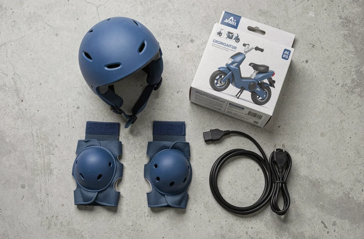 Vue de dessus des accessoires essentiels pour offrir une moto électrique à un enfant de 2 ans : casque, genouillères et chargeur