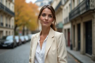 Actrice discrète dans une rue pavée parisienne en automne, portrait élégant et naturel