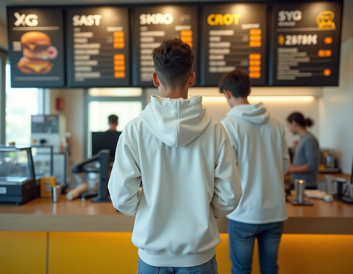 Adolescent consultant les prix du menu McDonald's au comptoir avec son smartphone pour gérer son budget