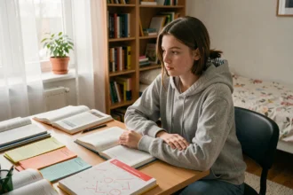 Adolescente révisant ses cours sur un bureau en bois avec un calendrier de vacances scolaires zone B 2026 et des fiches de révision colorées