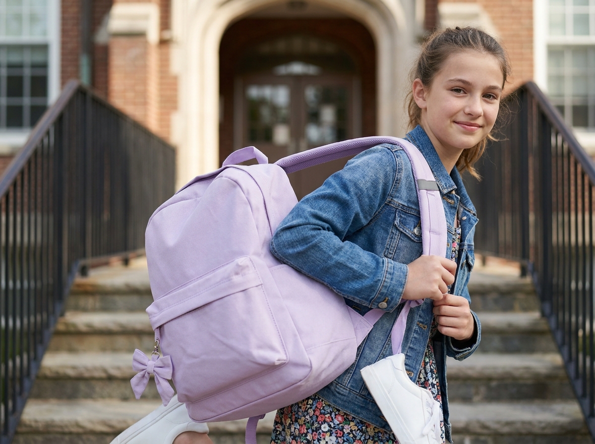 Adolescente enfilant un sac à dos lavande devant l'entrée d'une école avec des marches en pierre