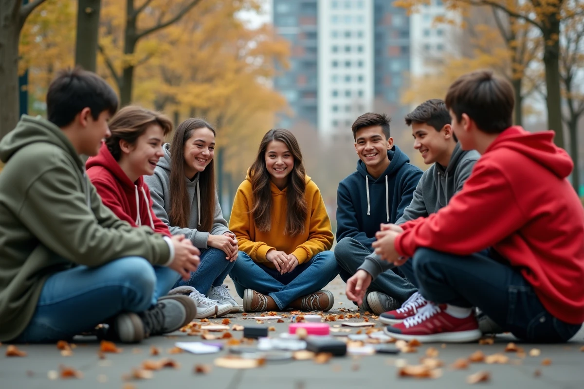Adolescents de 14 à 16 ans jouant à un jeu de mémoire en plein air