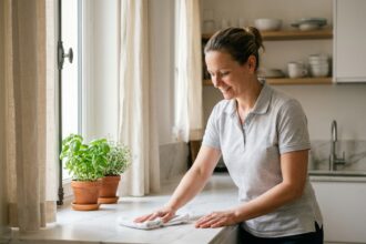 Aide ménagère professionnelle en uniforme gris nettoyant le plan de travail d'une cuisine moderne dans un appartement à Compiègne