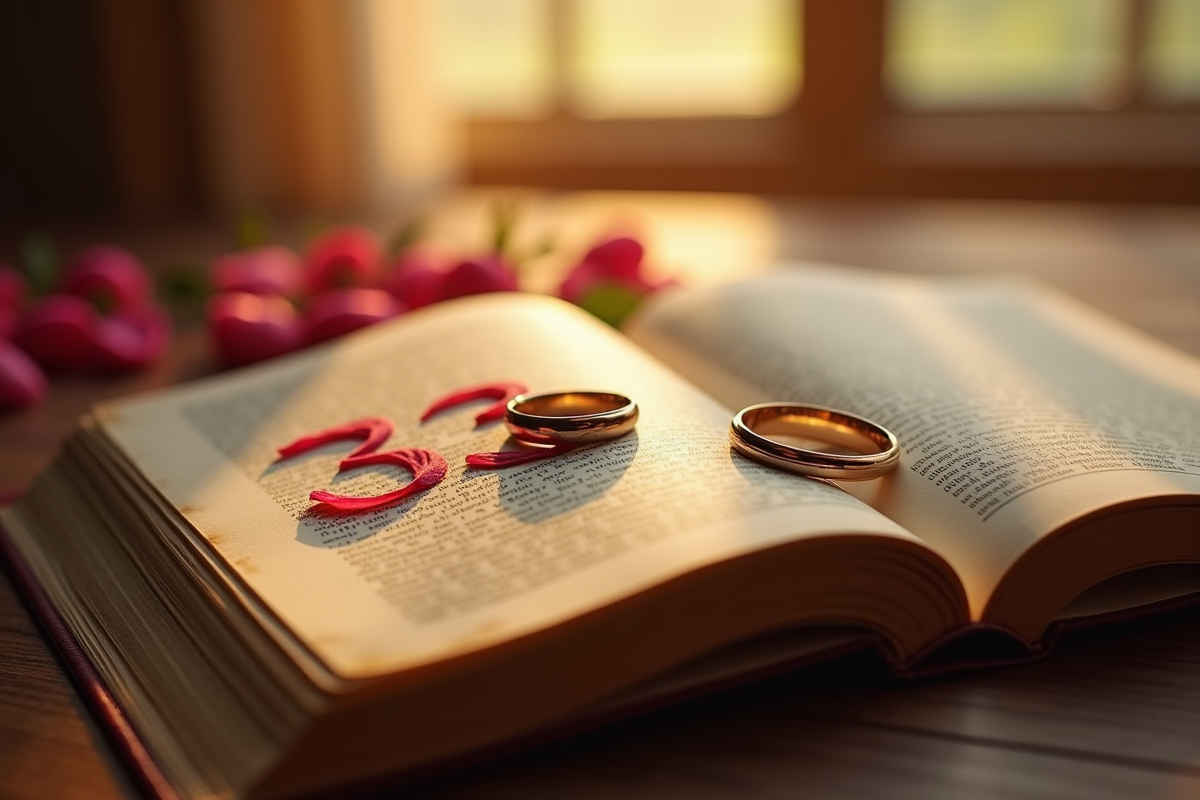 Alliances sur un livre ancien avec pétales pour 33 ans de mariage