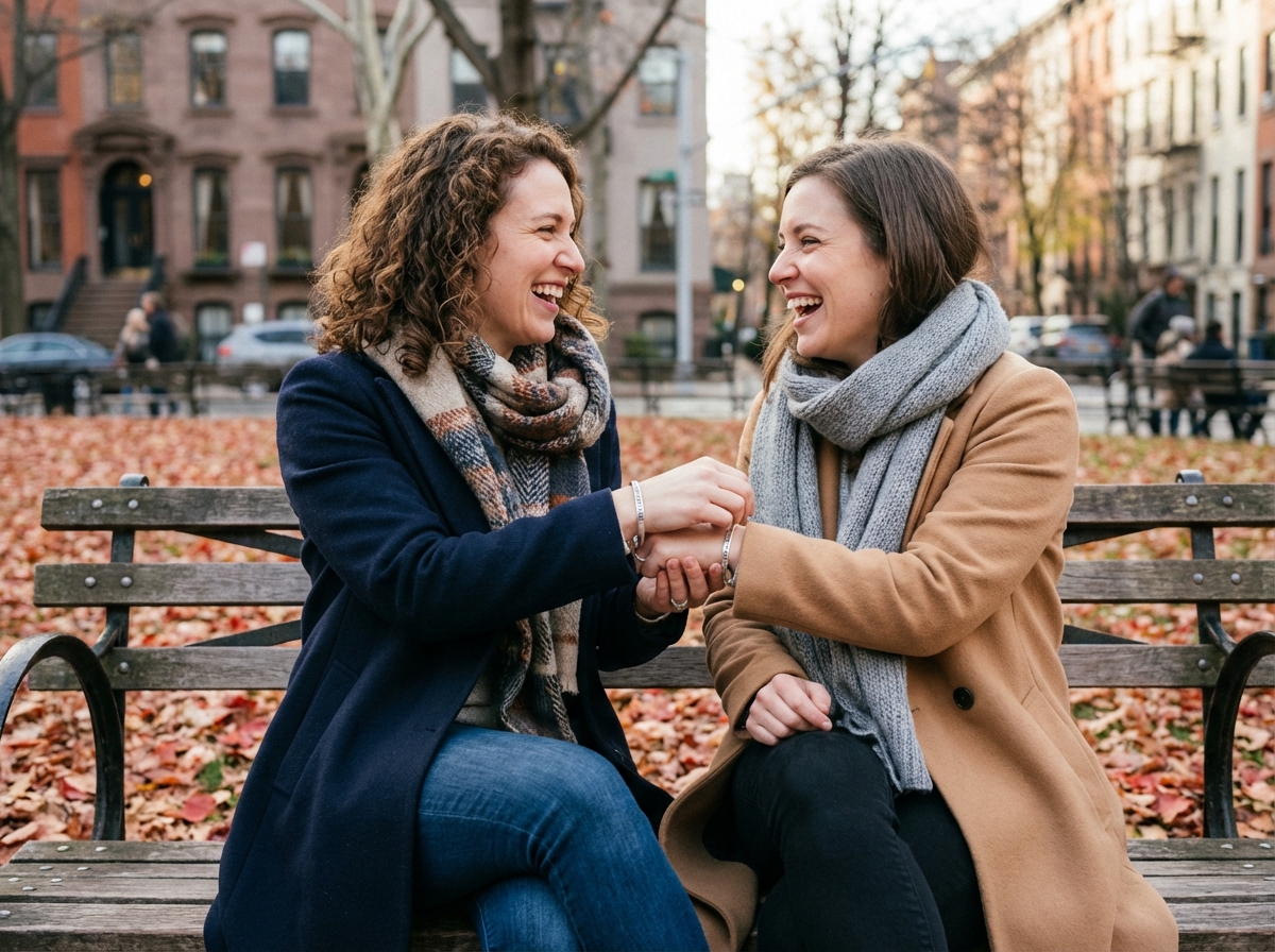 Deux femmes riant en échangeant des bracelets dans un parc automnal