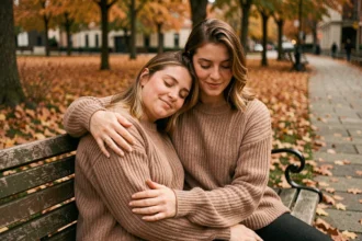 Deux amies se soutenant mutuellement sur un banc de parc en automne, illustrant un message de soutien entre meilleures amies