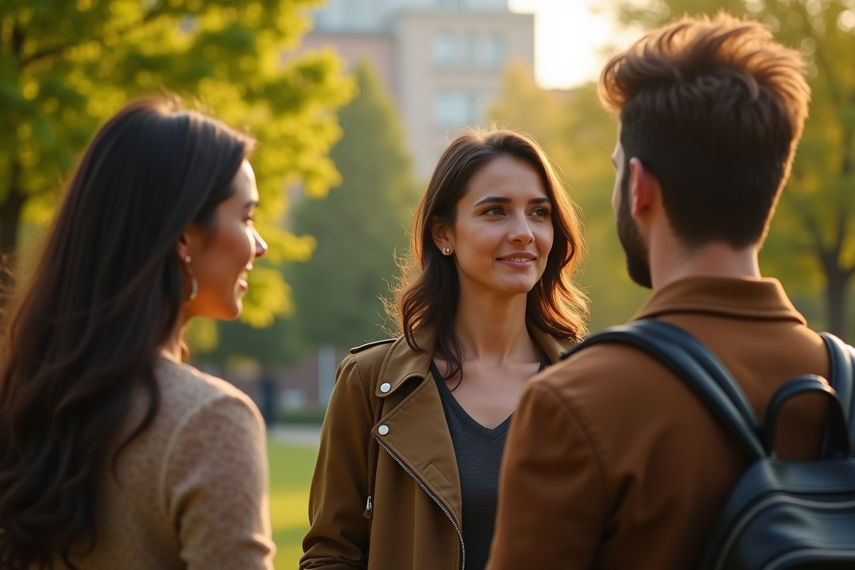 Groupe d amis dans un parc urbain avec une femme admirant un homme