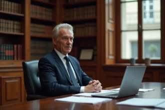 Homme en costume sombre assis à une table de conférence avec des documents juridiques dans un bureau parisien élégant, illustrant une révélation judiciaire