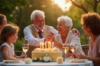Couple âgé souriant soufflant les bougies d'un gâteau d'anniversaire doré