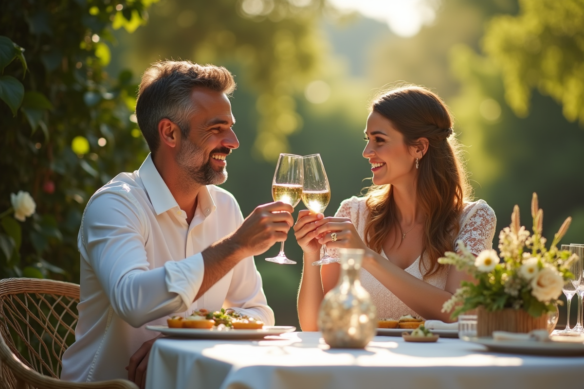Couple célébrant leur 7e anniversaire de mariage dans un jardin
