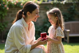 Femme présentant un bracelet en or dans un écrin de velours à une petite fille dans un jardin fleuri, geste symbolique pour annoncer le rôle de marraine
