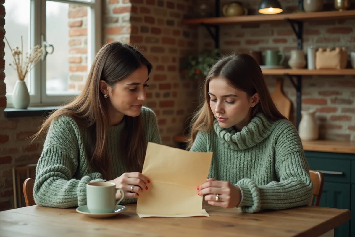 Deux femmes assises à une table en bois rustique lisant une lettre manuscrite annonçant le rôle de marraine, ambiance chaleureuse et intime dans une cuisine