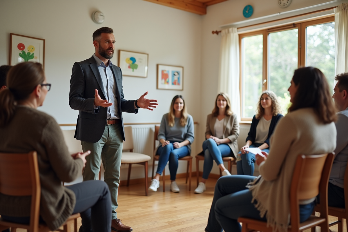 Coach parental guidant un groupe de parents lors d