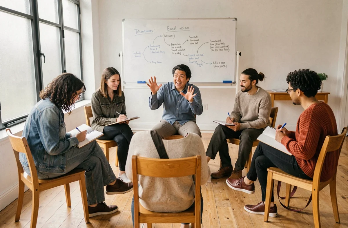 Atelier de théâtre participatif où des adultes transforment une idée de mime en pièce collective avec prise de notes
