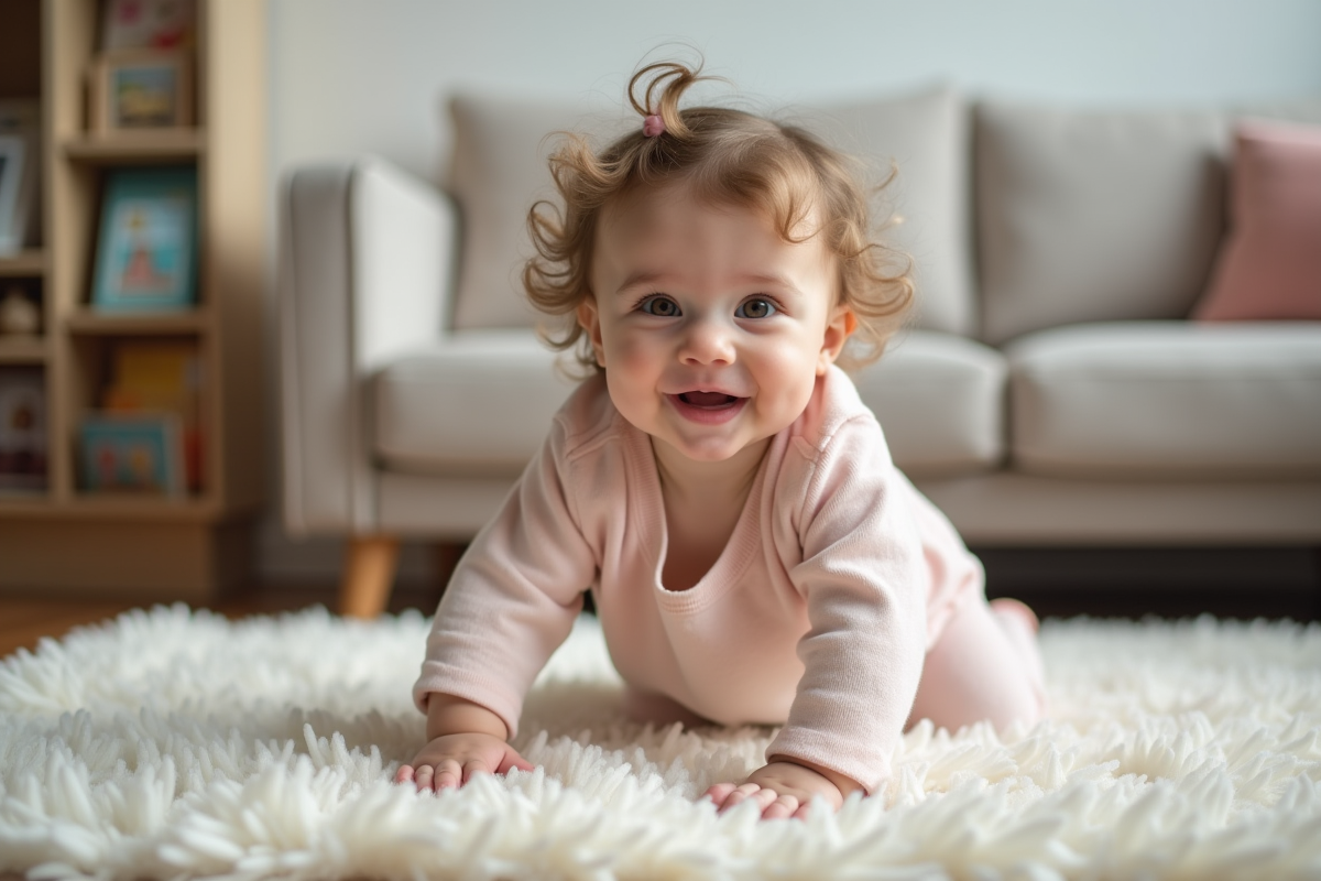 Bebe fille de 10 mois en body pastel qui rampe sur un tapis douillet