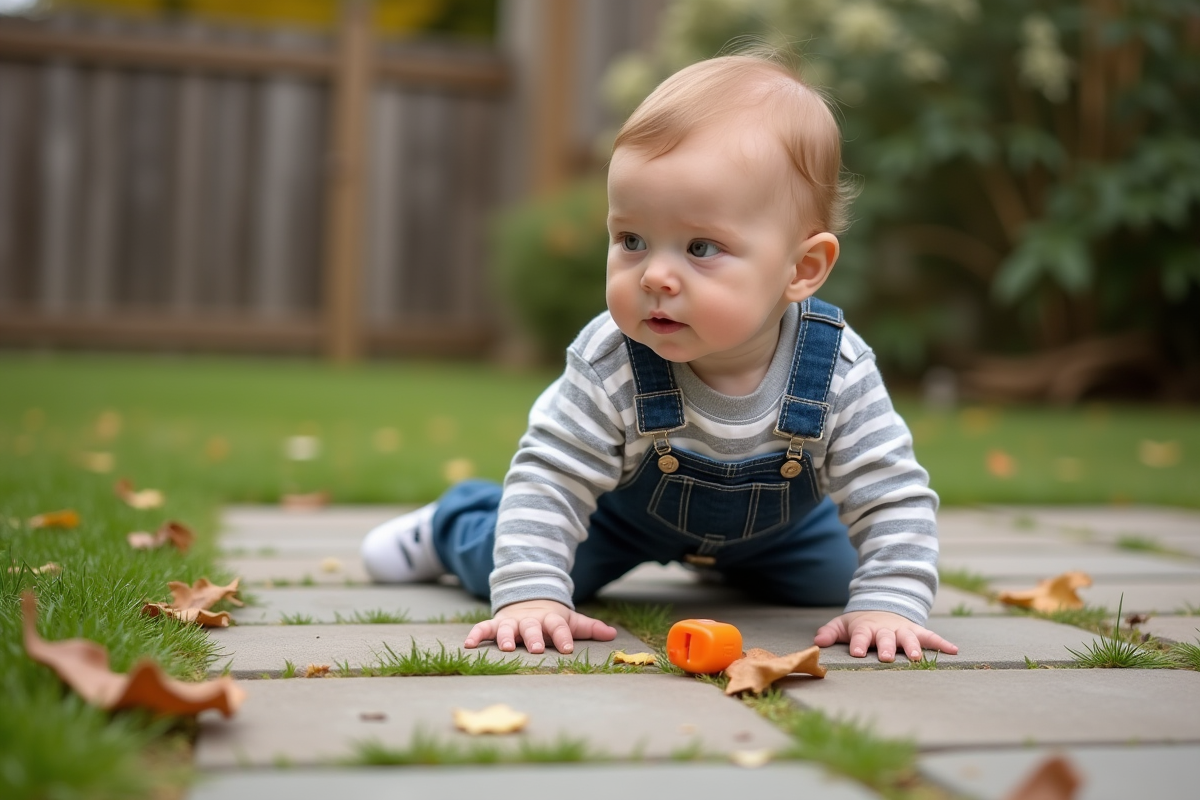 Bebe garcon de 12 mois en salopette rampe dans le jardin