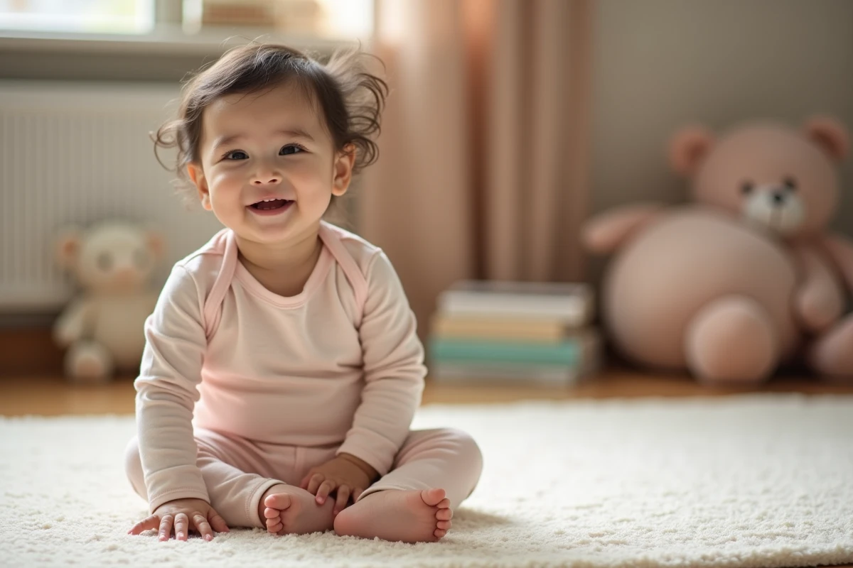 Bebe fille assise dans un salon chaleureux avec jouets