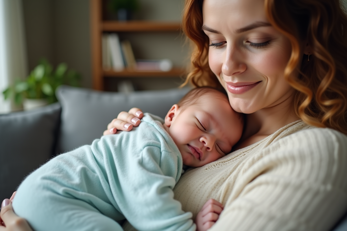 Bébé nouveau-ne dans les bras de sa maman dans un salon