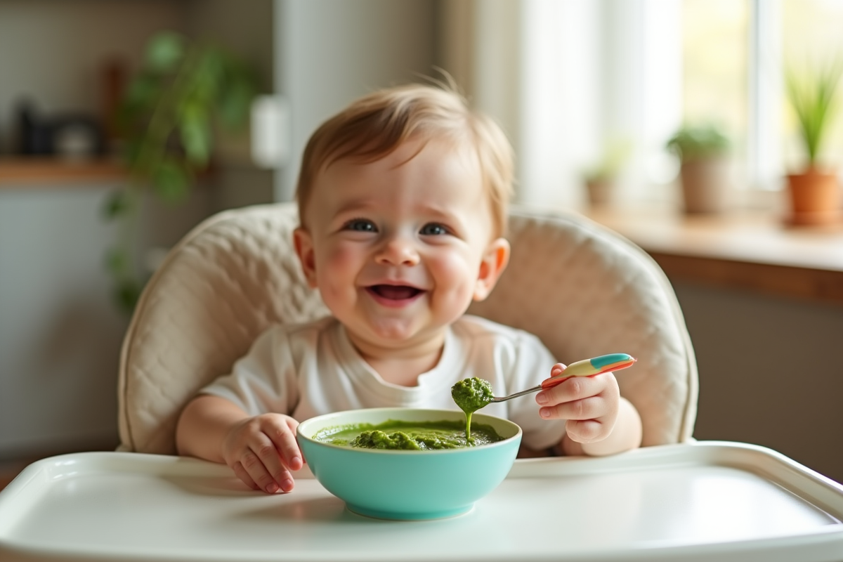 Bébé souriant dans une chaise haute avec purée d'épinards