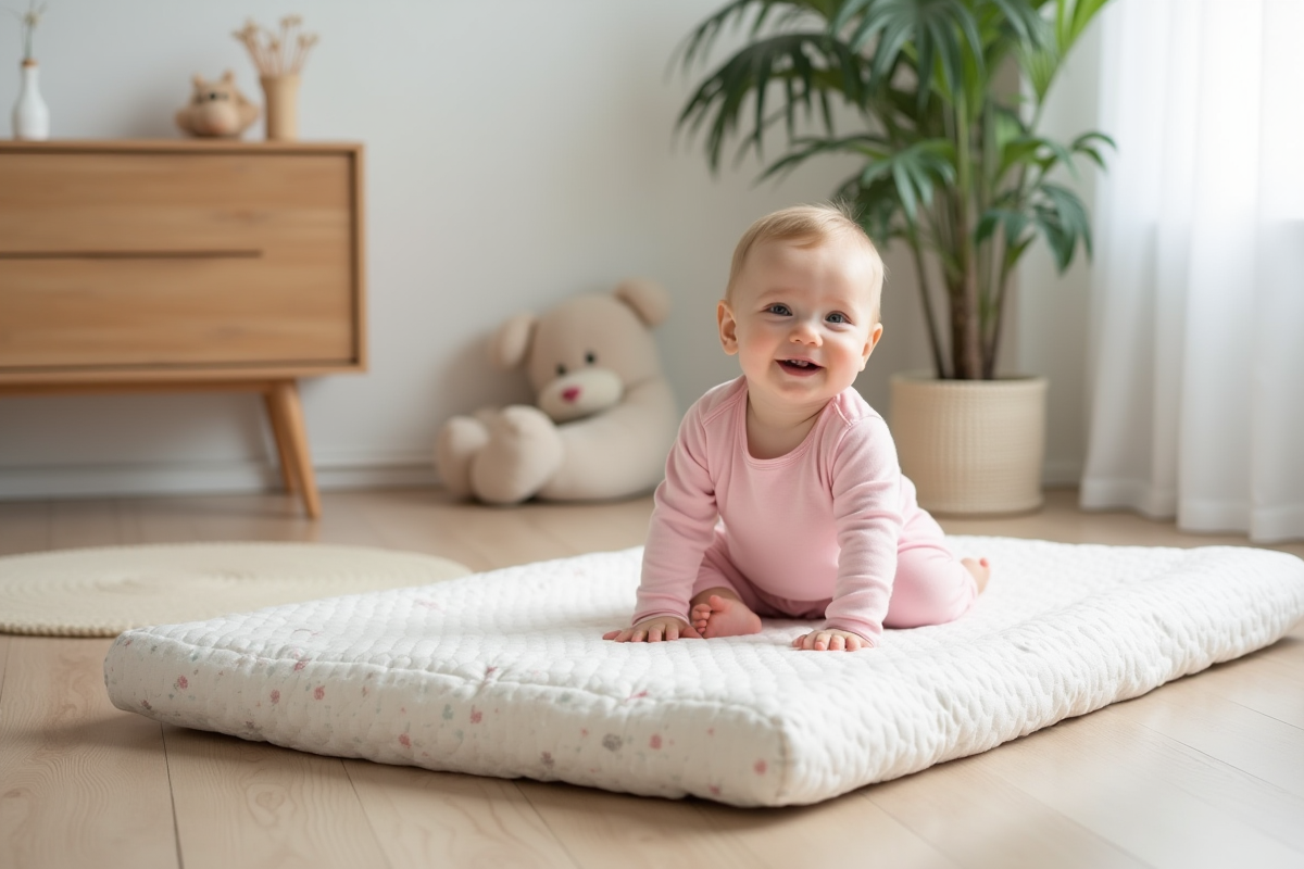 Bébé souriante assise sur un matelas dans la chambre scandinave