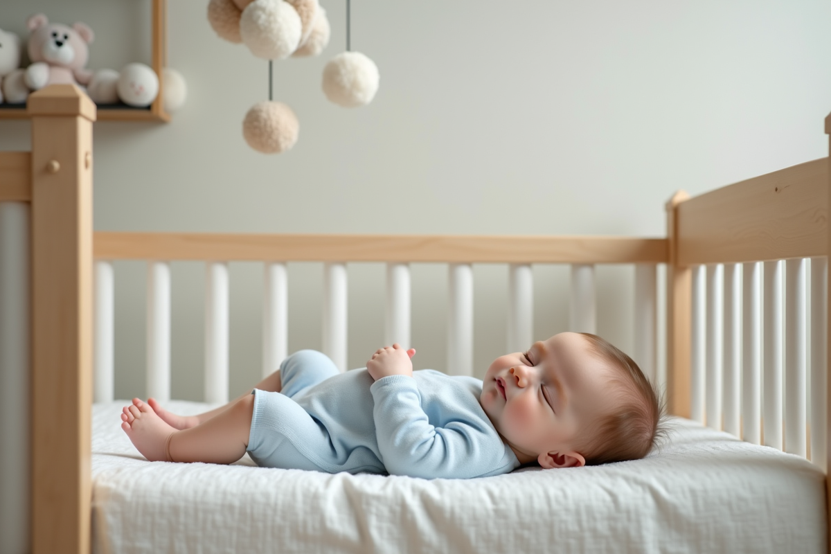 Bébé endormi dans un berceau en bois blanc
