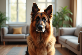 Chien berger à longue poil assis dans un salon lumineux