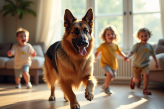 Chien berger allemand jouant dans un salon ensoleille avec des enfants