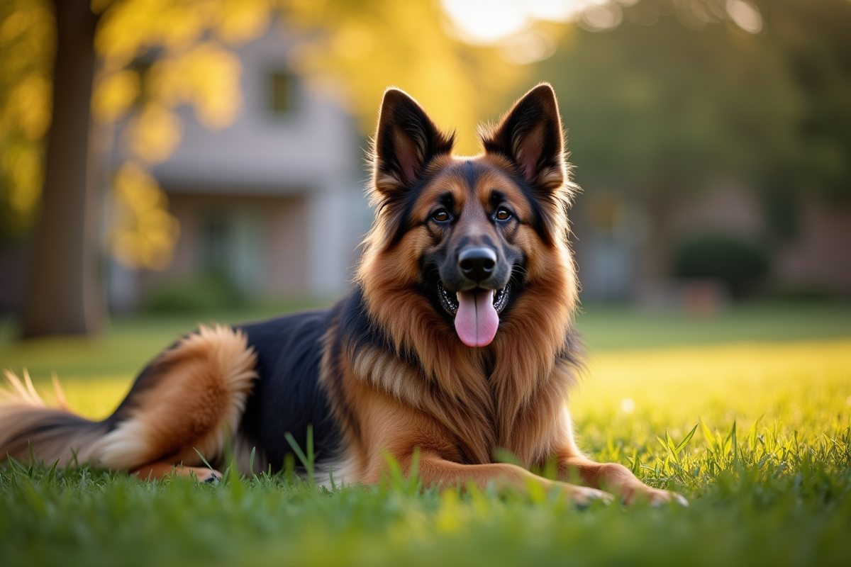 Berger allemand reposant dans un jardin en famille au matin