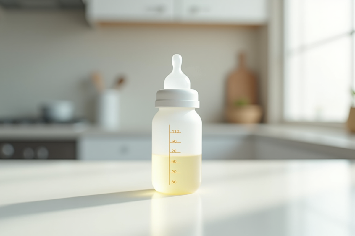 Biberon bébé avec mesure de 120 ml sur plan blanc