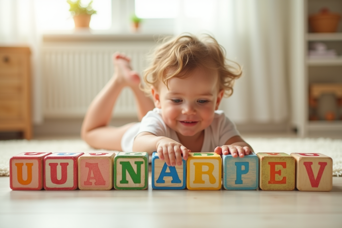 Blocs en bois colorés formant des noms avec la lettre U dans une nurserie joyeuse