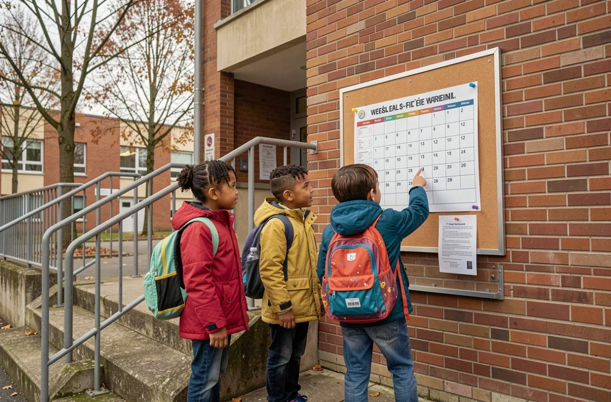 Enfants devant le panneau d'affichage d'une école française avec le calendrier des semaines paires et impaires 2026