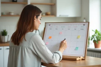 Femme consultant un calendrier semaine paire et impaire posé sur une table en bois dans une cuisine moderne