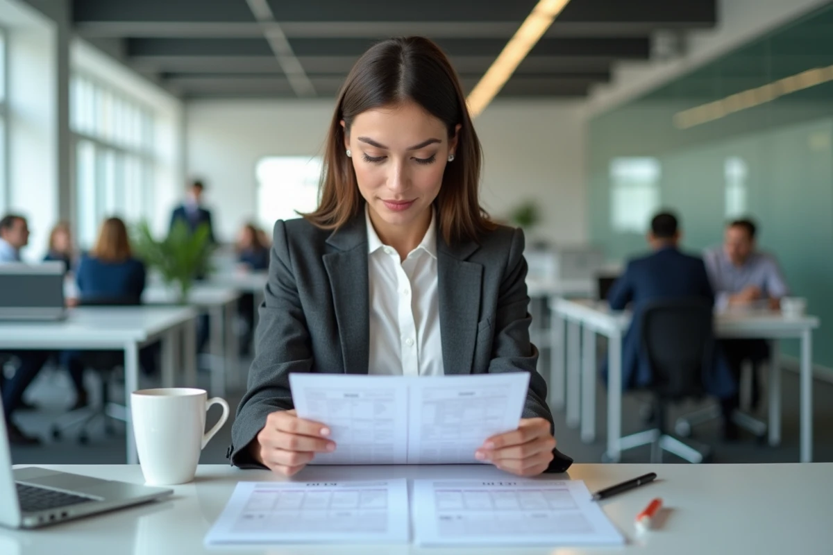 Professionnelle en entreprise consultant un calendrier par semaine paire et impaire sur son bureau de travail
