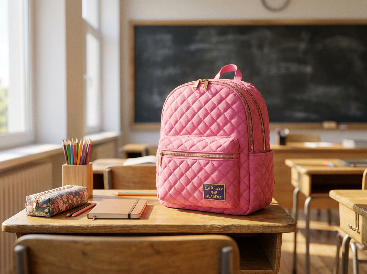 Cartable fille rose et doré posé sur un bureau d'école en bois entouré de fournitures scolaires colorées