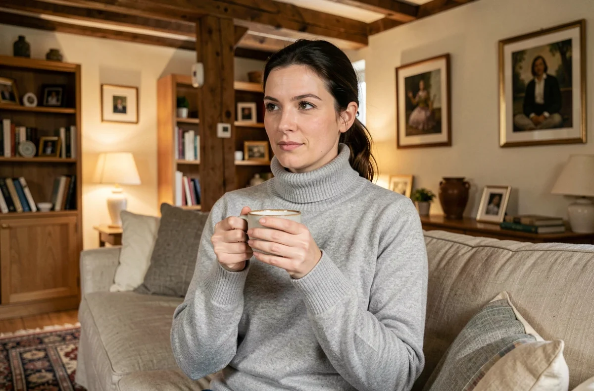 Femme journaliste dans son salon en tenue décontractée tenant une tasse de café, atmosphère intime et personnelle chez elle
