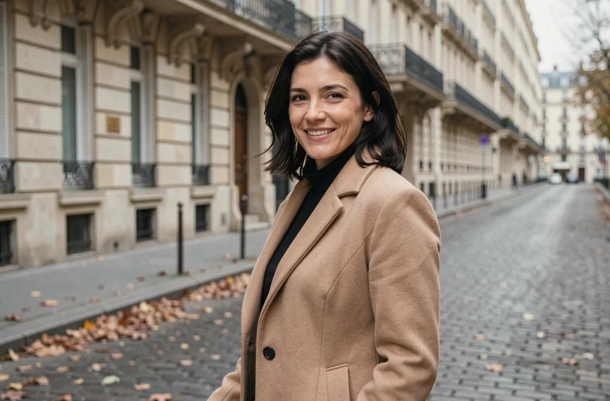 Journaliste française marchant dans une rue parisienne haussmannienne en automne, regard naturel et sourire discret
