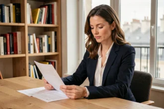 Femme journaliste française assise à son bureau parisien, consultant des documents, atmosphère professionnelle et intimiste