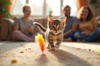 Chaton British Shorthair jouant avec un jouet plume dans le salon
