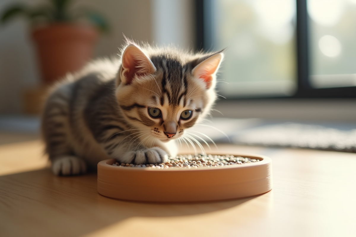 Chaton British Shorthair explorant un distributeur de nourriture