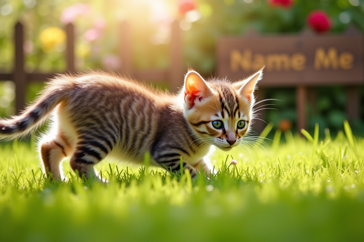 Chaton tigré curieux dans un jardin verdoyant