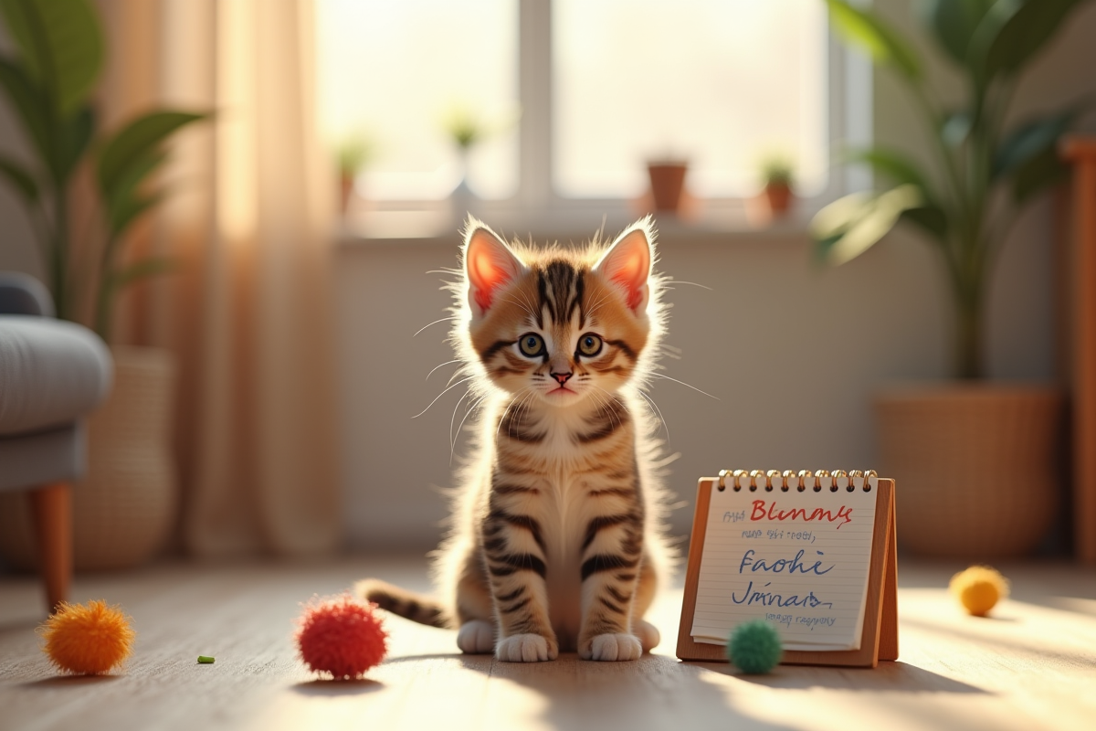 Chaton tigré joueur dans un salon ensoleille