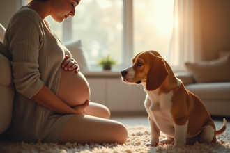 Chien beagle citron assis près d'une femme enceinte dans un salon lumineux
