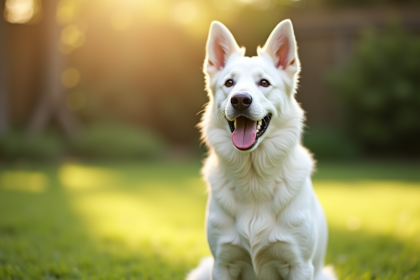 Chien belge shepherd blanc dans un jardin en plein jour