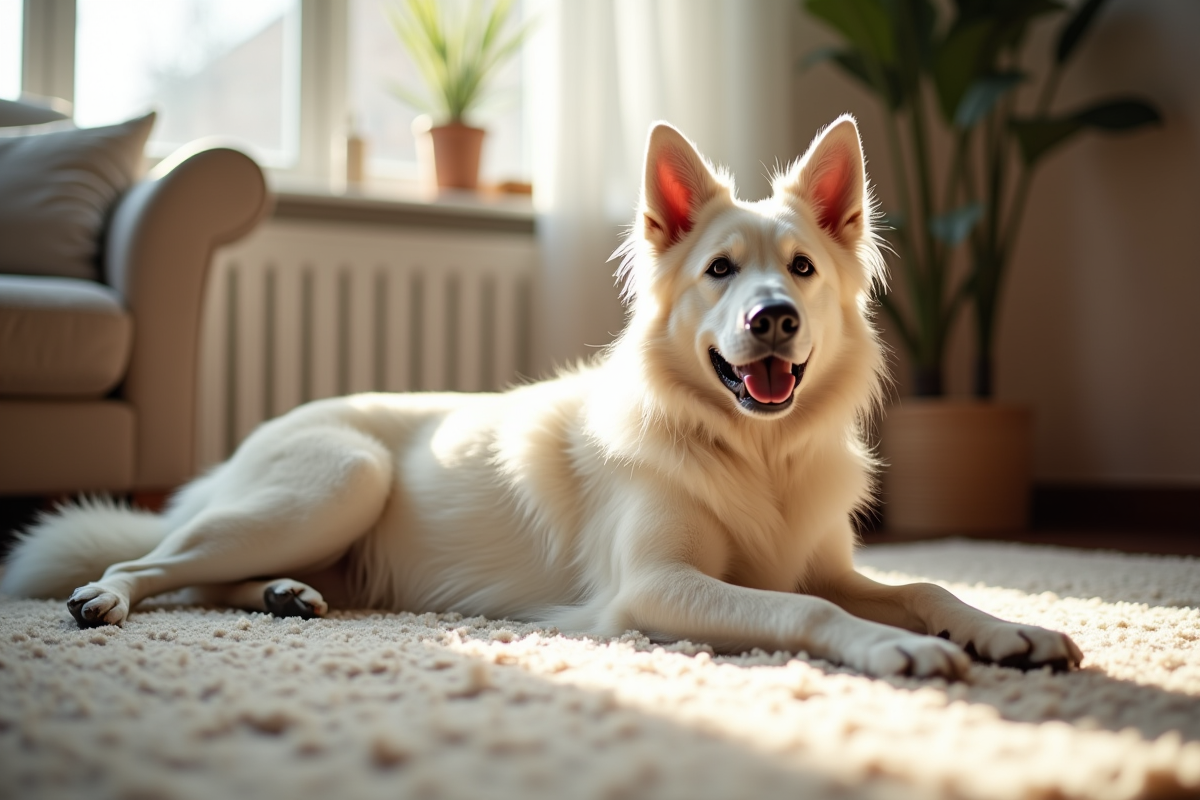 Chien belge shepherd blanc sur un tapis dans un salon ensoleille