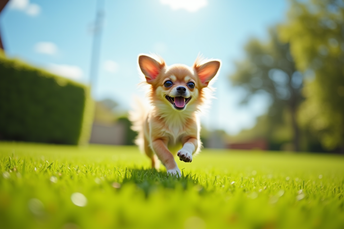 Chihuahua jouant dans un jardin vert ensoleille