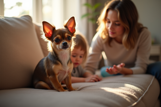 Chihuahua à poil court dans un salon familial chaleureux