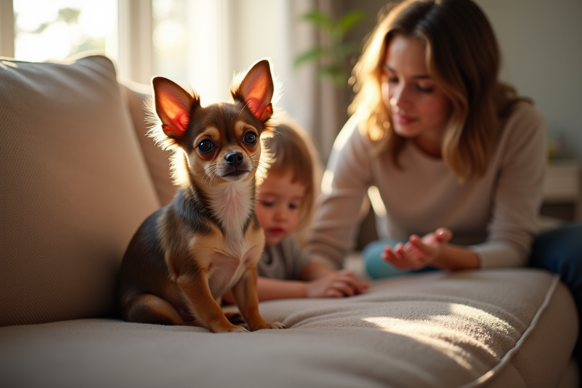 Chihuahua à poil court dans un salon familial chaleureux